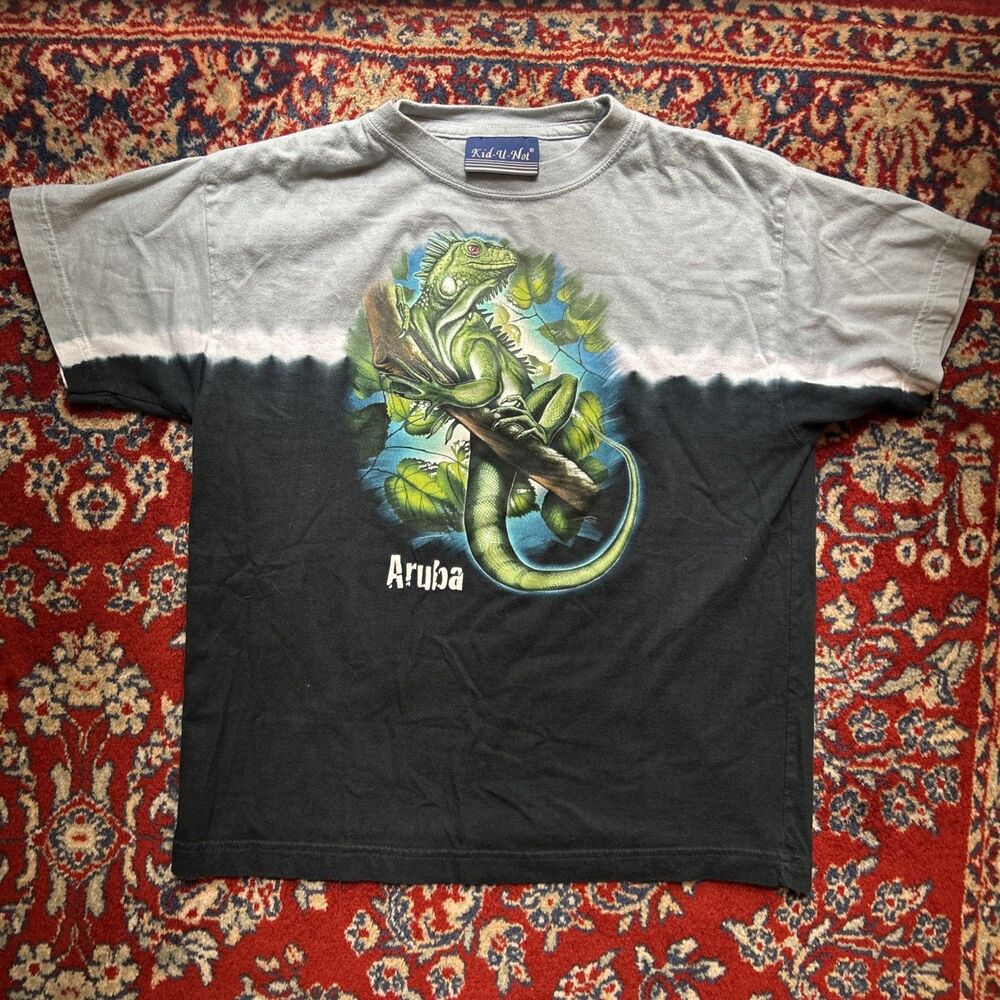 Kid U Not Vintage Youth Tie Dye Aruba Iguana T-Shirt Blue Size Large
